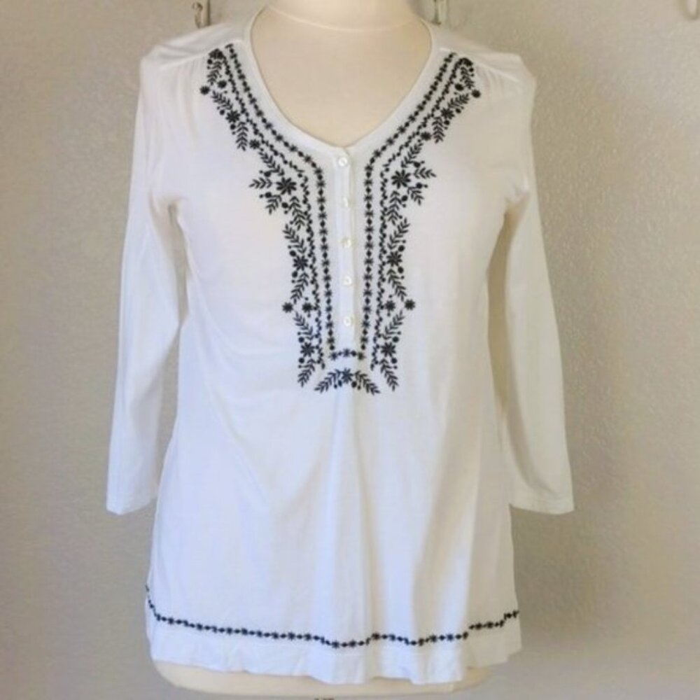 J.Jill Sz M Tunic Classy Bright White Cotton Black Embroidery 3/4 Sleeve V-neck